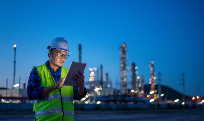 Engineer wearing safety uniform and helmet looking detail tablet on hand with oil refinery factory at night time background.