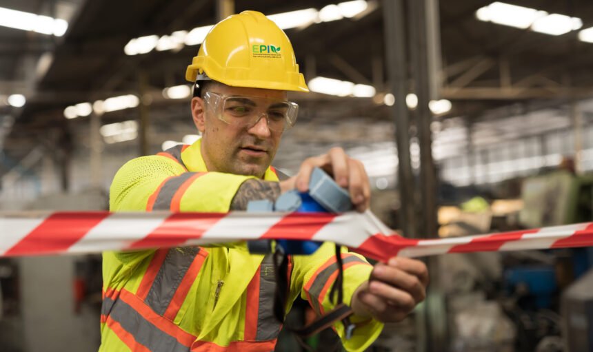 Male factory worker marking line symbol signal no entry area to standing behind line area barrier red and white colour in factory