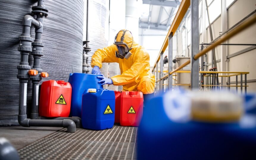 Factory,Worker,In,Hazmat,Suit,And,Gas,Mask,Filling,Plastic Factory,Worker,In,Hazmat,Suit,And,Gas,Mask,Filling,Plastic