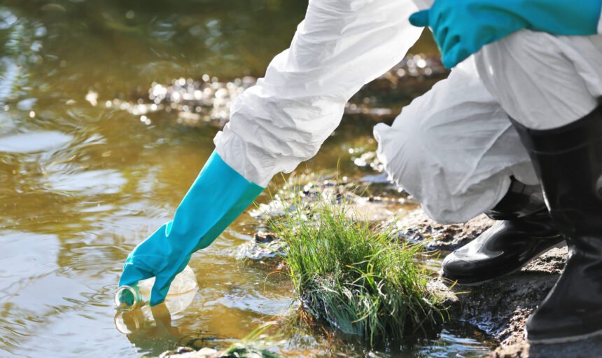Woman,With,Flask,For,Expertise.,Environmental,Pollution,Concept